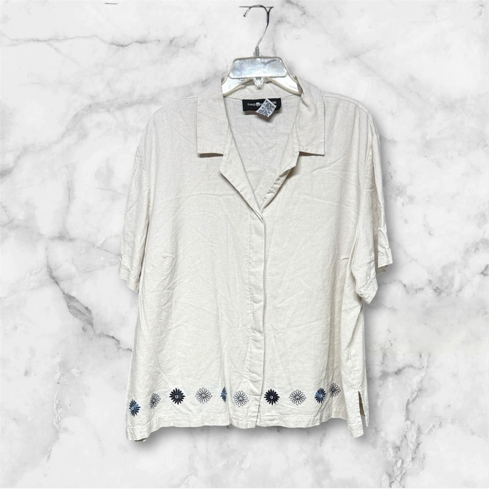 Sag Harbor white beige Button-Down Shirt blue floral Embroidery linen blend 2X